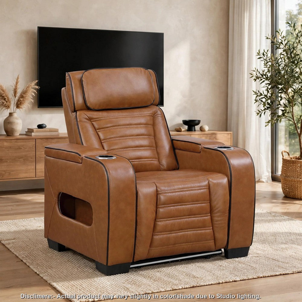 Cyrus Power Recliner w Headrest, Heat Massage, USB Ports, LED, Brown Leather - BM355872