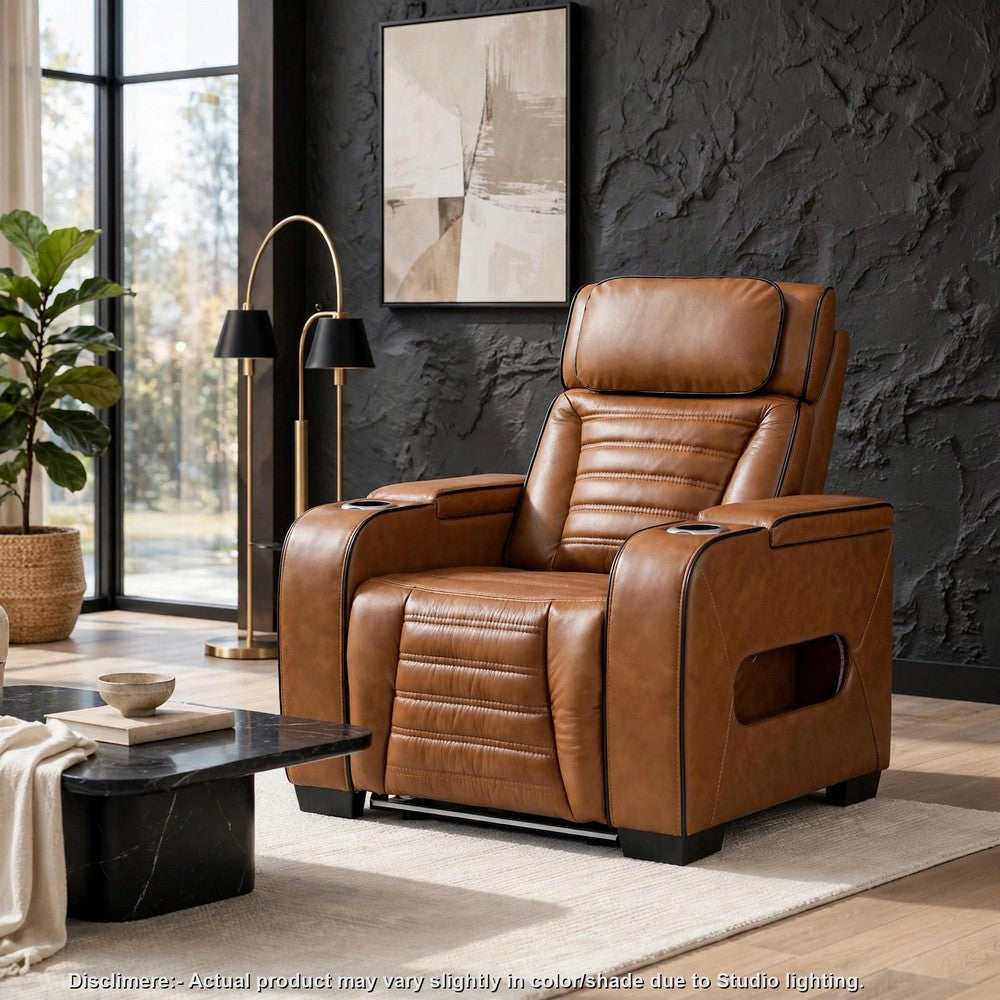 Cyrus Power Recliner w Headrest, Heat Massage, USB Ports, LED, Brown Leather - BM355872