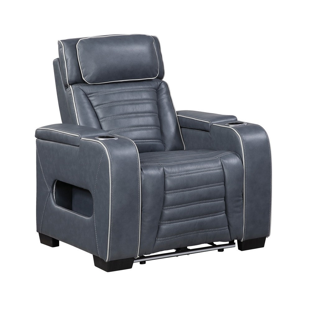 Cyrus Power Recliner, Headrest, Heat Massage, USB Ports, LED, Blue Leather  - BM355873