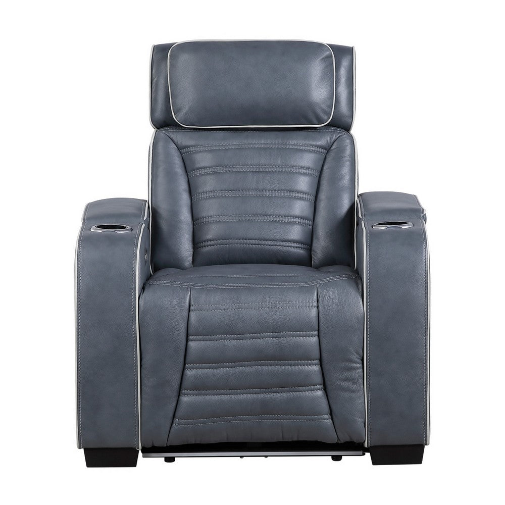 Cyrus Power Recliner, Headrest, Heat Massage, USB Ports, LED, Blue Leather  - BM355873