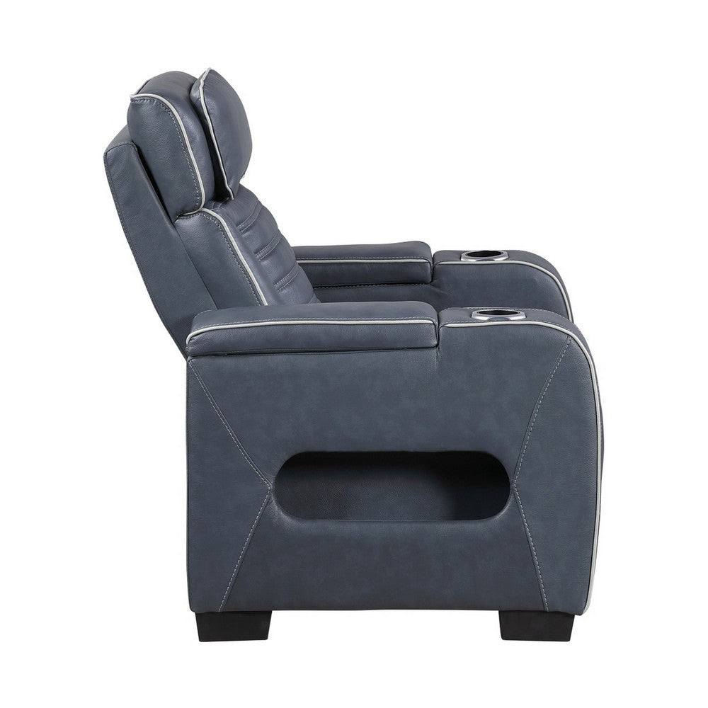 Cyrus Power Recliner, Headrest, Heat Massage, USB Ports, LED, Blue Leather  - BM355873