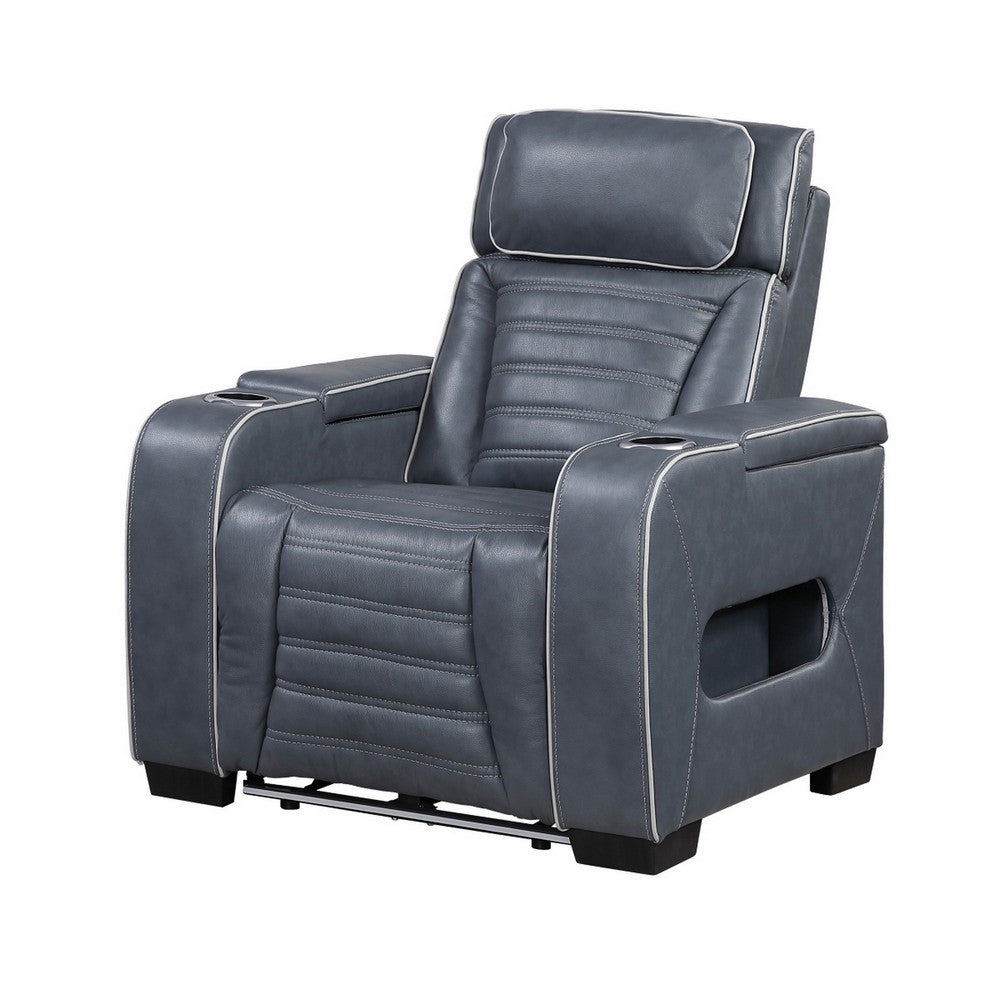 Cyrus Power Recliner, Headrest, Heat Massage, USB Ports, LED, Blue Leather  - BM355873