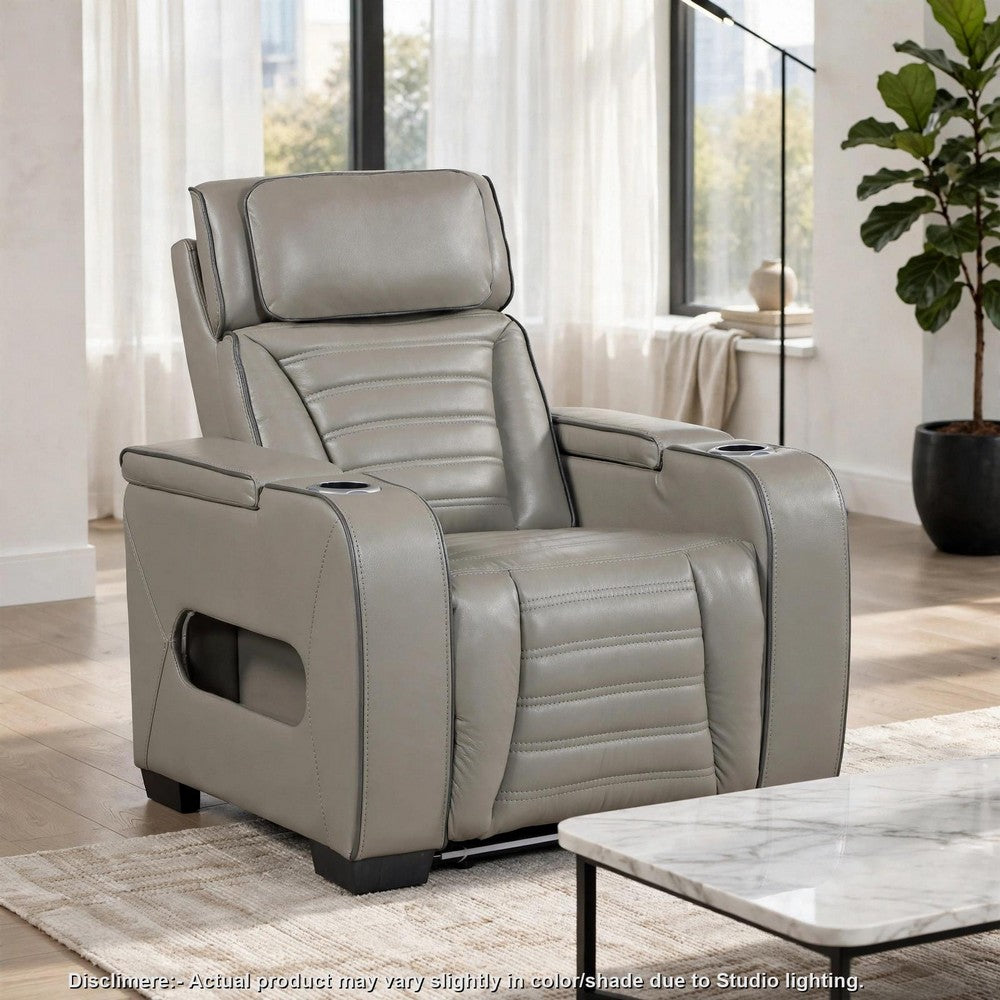 Cyrus Power Recliner, Headrest, Heat Massage, USB Ports, LED, Gray Leather  - BM355874