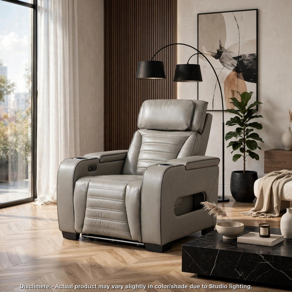 Cyrus Power Recliner, Headrest, Heat Massage, USB Ports, LED, Gray Leather  - BM355874