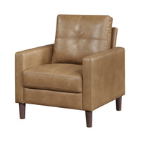 Xyna Accent Chair with Tufted Backrest, Solid Wood Legs, Brown Fabric - BM355925