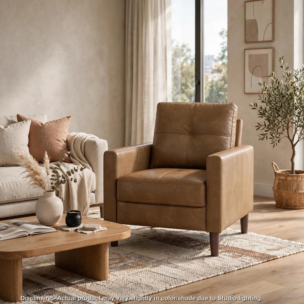 Xyna Accent Chair with Tufted Backrest, Solid Wood Legs, Brown Fabric - BM355925