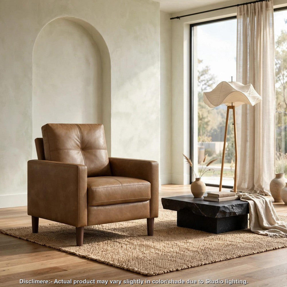 Xyna Accent Chair with Tufted Backrest, Solid Wood Legs, Brown Fabric - BM355925
