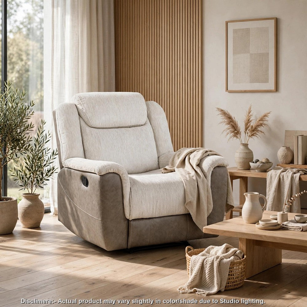 Feo Manual Reclining Chair, Foam Fill Beige Chenille and Taupe Microfiber - BM355939