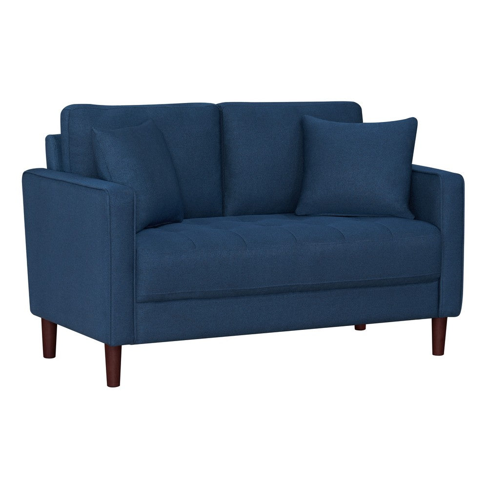 Yera Loveseat w 2 Pillows, Tufted Blue Fabric, Cherry Brown Wood, 52 Inch - BM355951
