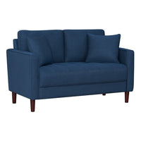 Yera Loveseat w 2 Pillows, Tufted Blue Fabric, Cherry Brown Wood, 52 Inch - BM355951