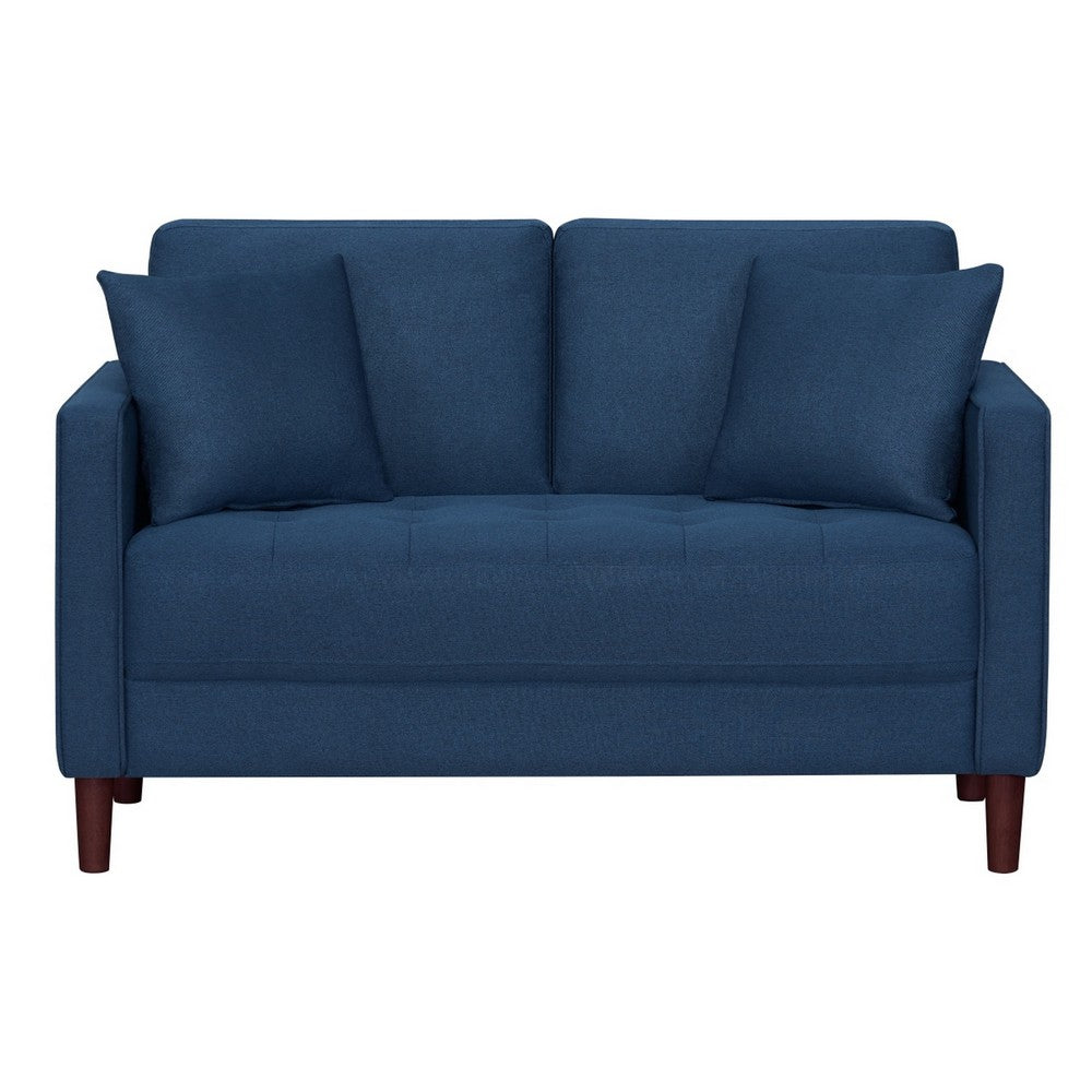 Yera Loveseat w 2 Pillows, Tufted Blue Fabric, Cherry Brown Wood, 52 Inch - BM355951