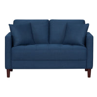Yera Loveseat w 2 Pillows, Tufted Blue Fabric, Cherry Brown Wood, 52 Inch - BM355951