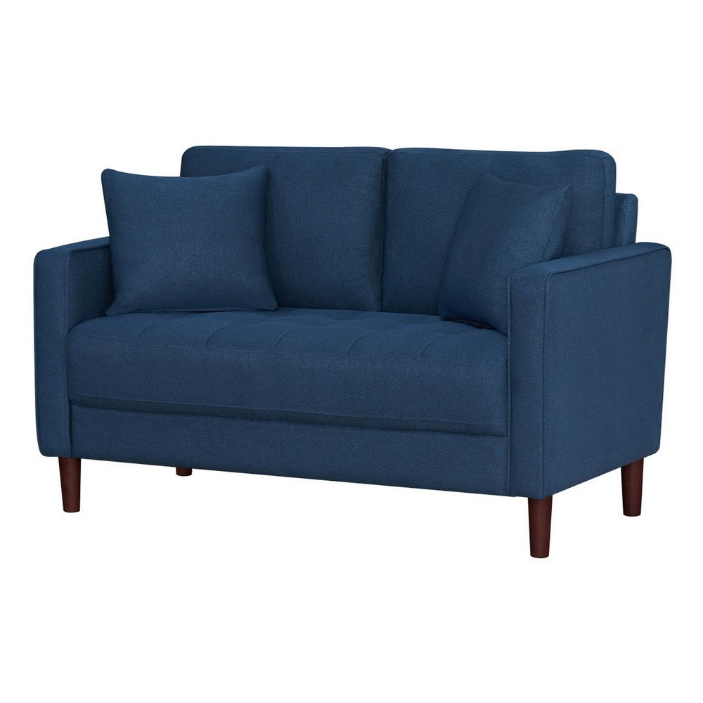 Yera Loveseat w 2 Pillows, Tufted Blue Fabric, Cherry Brown Wood, 52 Inch - BM355951
