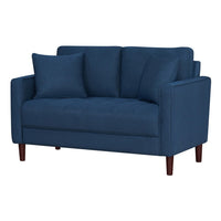 Yera Loveseat w 2 Pillows, Tufted Blue Fabric, Cherry Brown Wood, 52 Inch - BM355951
