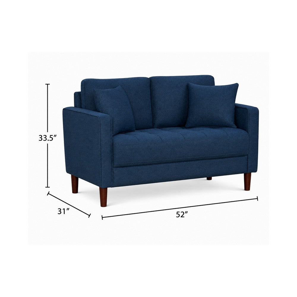 Yera Loveseat w 2 Pillows, Tufted Blue Fabric, Cherry Brown Wood, 52 Inch - BM355951