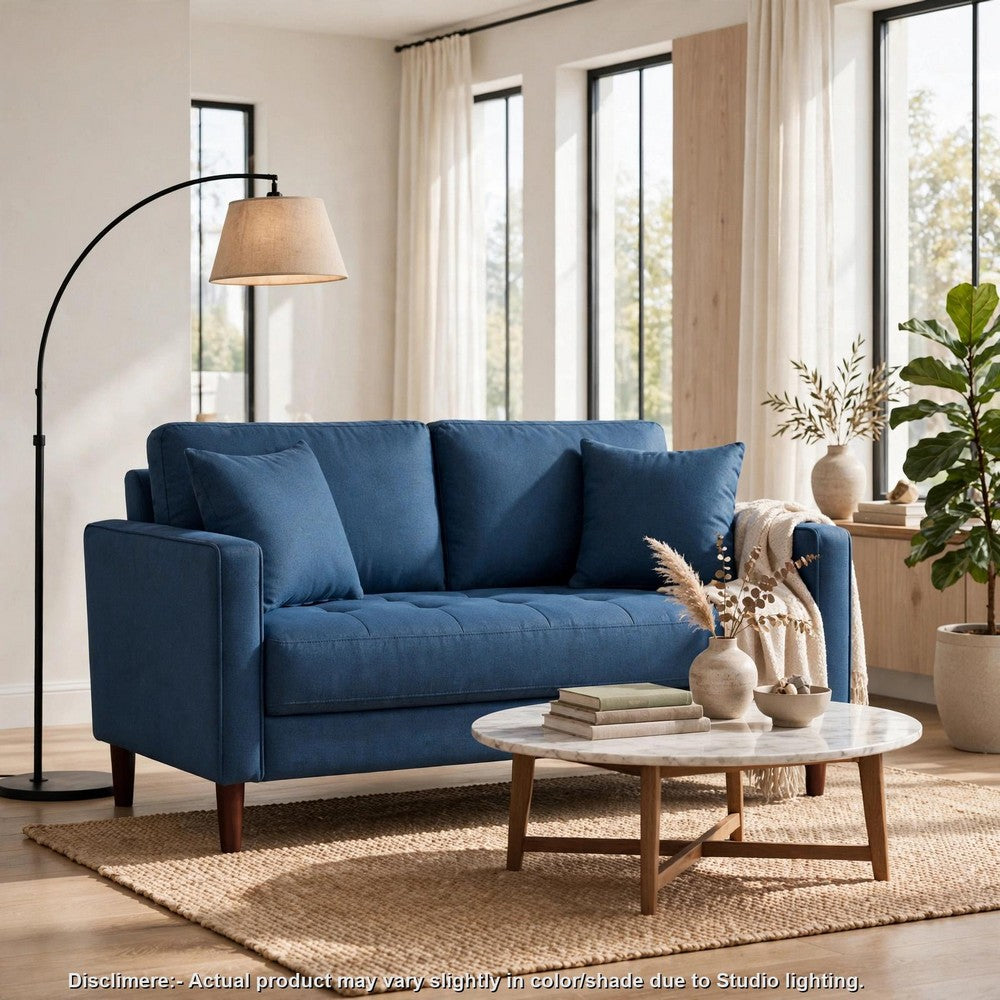 Yera Loveseat w 2 Pillows, Tufted Blue Fabric, Cherry Brown Wood, 52 Inch - BM355951