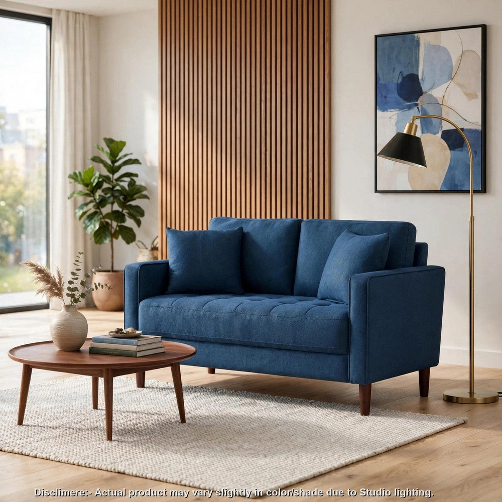 Yera Loveseat w 2 Pillows, Tufted Blue Fabric, Cherry Brown Wood, 52 Inch - BM355951