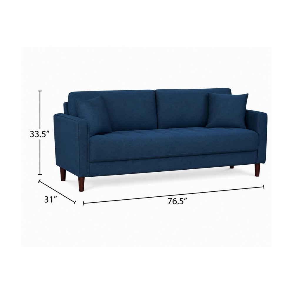 Yera Sofa w 2 Pillows,  Tufted Blue Fabric, Cherry Brown Wood, 77 Inch - BM355952