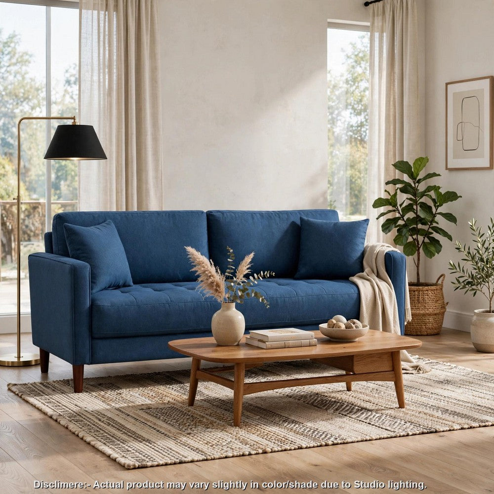 Yera Sofa w 2 Pillows,  Tufted Blue Fabric, Cherry Brown Wood, 77 Inch - BM355952