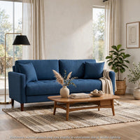 Yera Sofa w 2 Pillows,  Tufted Blue Fabric, Cherry Brown Wood, 77 Inch - BM355952