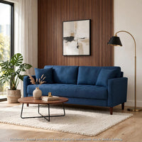 Yera Sofa w 2 Pillows,  Tufted Blue Fabric, Cherry Brown Wood, 77 Inch - BM355952