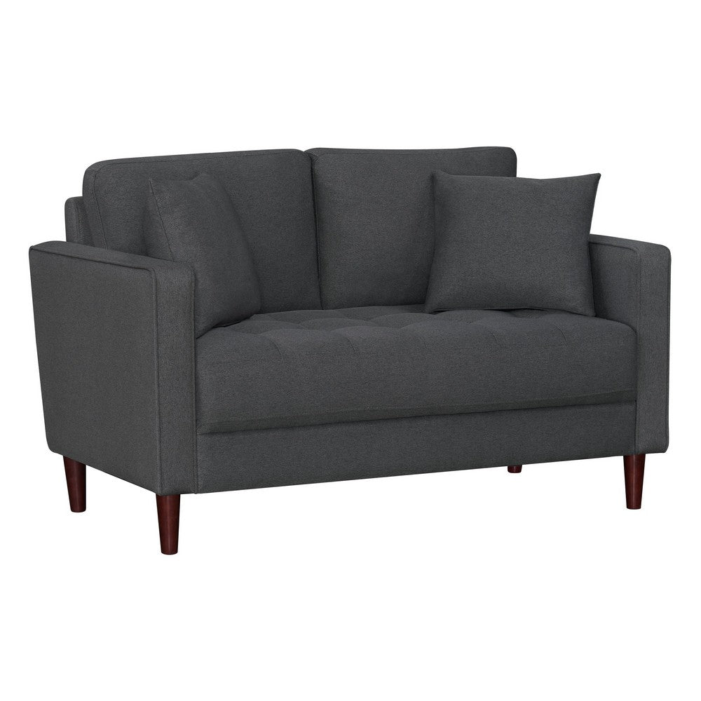 Yera Loveseat w 2 Pillows, Tufted Gray Fabric, Cherry Brown Wood 52 Inch - BM355953