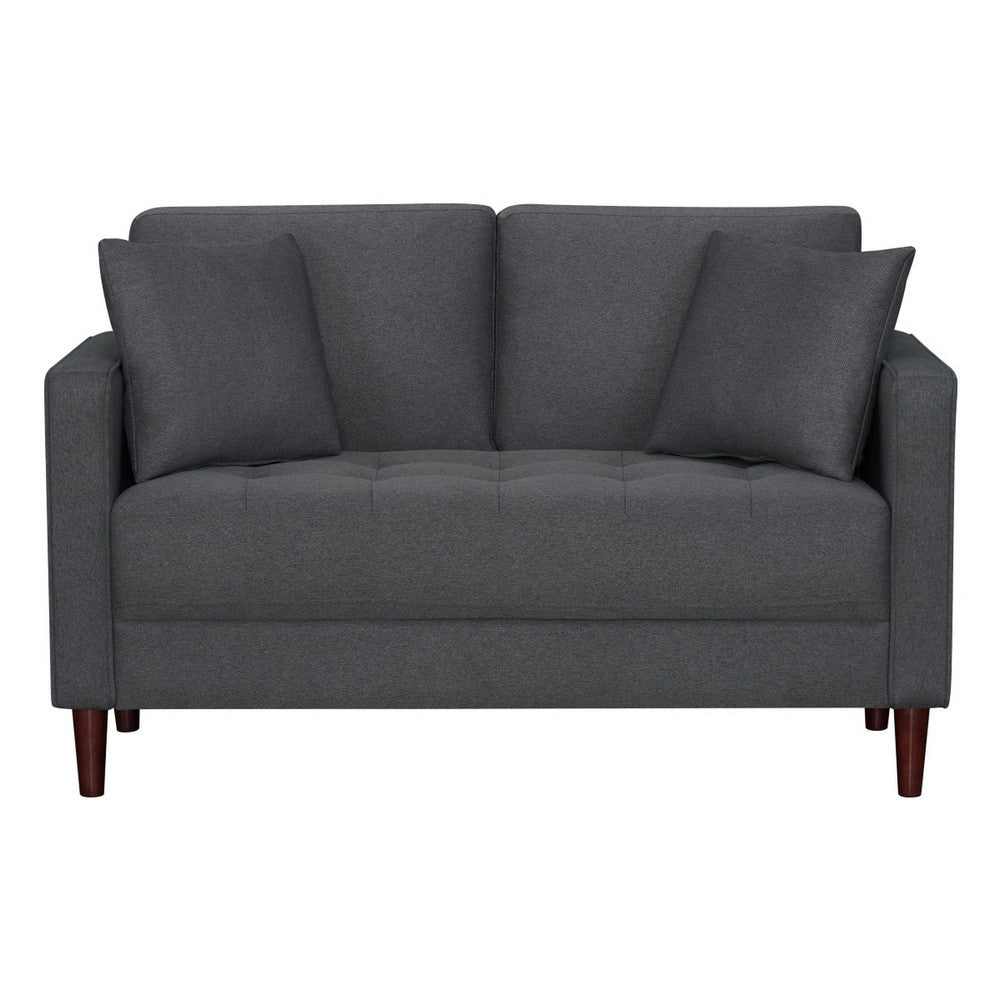 Yera Loveseat w 2 Pillows, Tufted Gray Fabric, Cherry Brown Wood 52 Inch - BM355953
