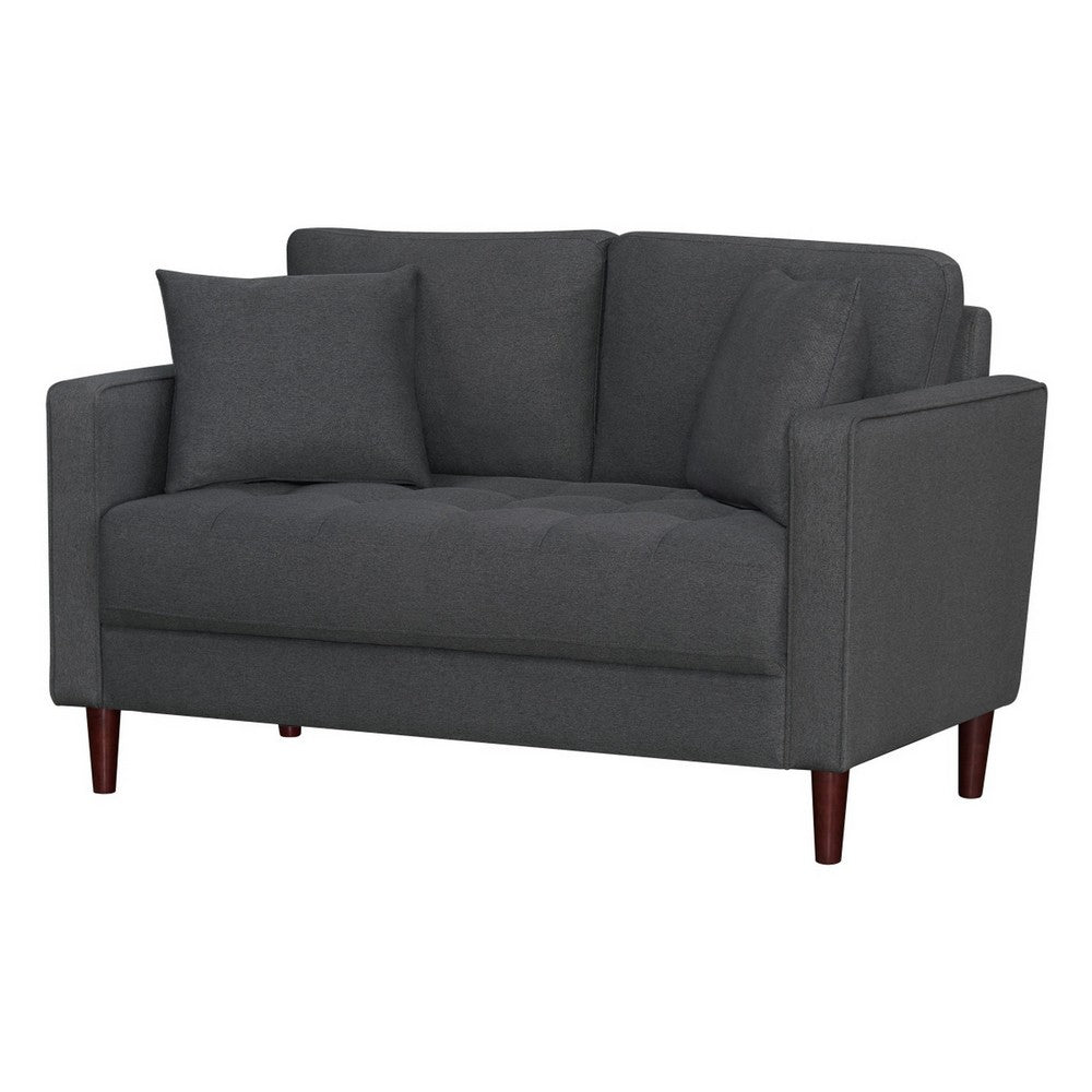 Yera Loveseat w 2 Pillows, Tufted Gray Fabric, Cherry Brown Wood 52 Inch - BM355953