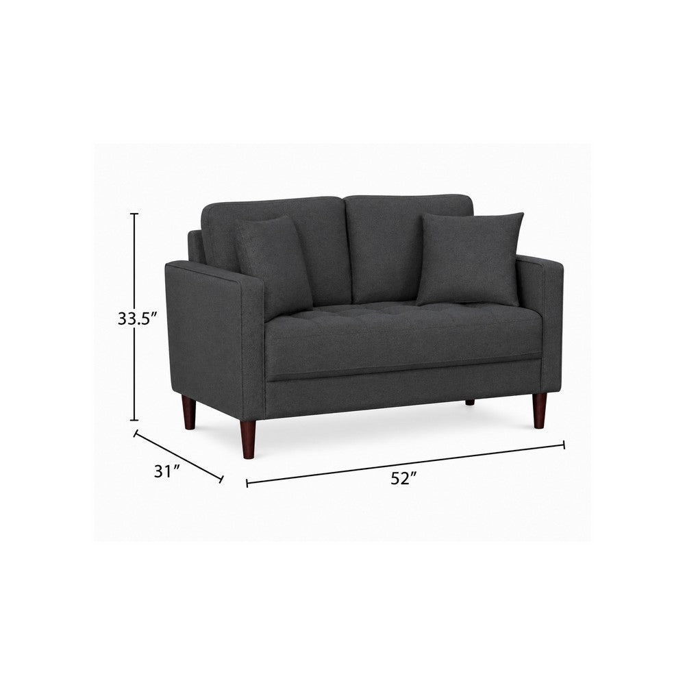 Yera Loveseat w 2 Pillows, Tufted Gray Fabric, Cherry Brown Wood 52 Inch - BM355953