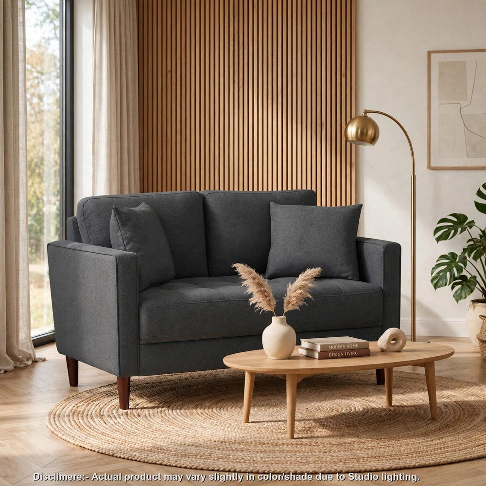 Yera Loveseat w 2 Pillows, Tufted Gray Fabric, Cherry Brown Wood 52 Inch - BM355953