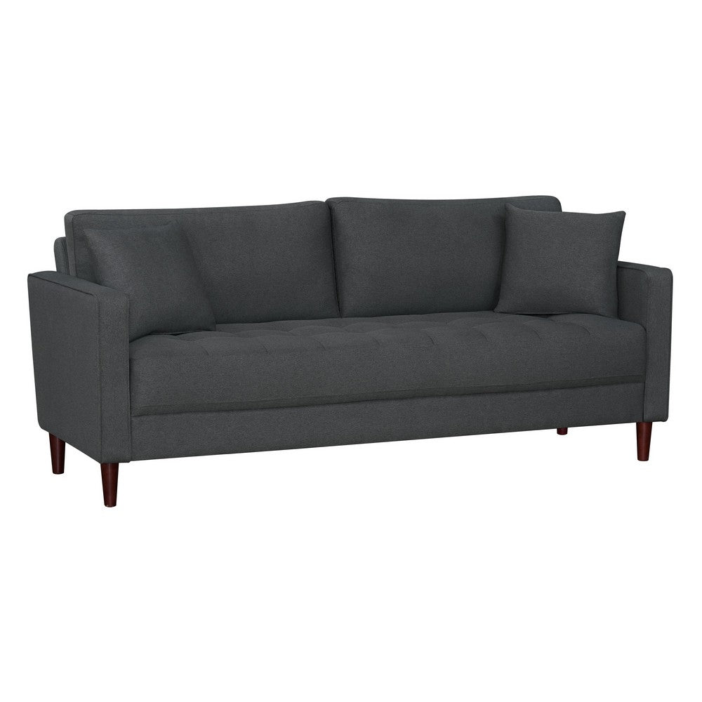 Yera Sofa w 2 Pillows, Tufted Gray Seat, Cherry Brown Wood, 77 Inch - BM355954