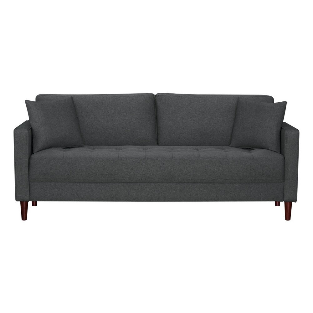 Yera Sofa w 2 Pillows, Tufted Gray Seat, Cherry Brown Wood, 77 Inch - BM355954