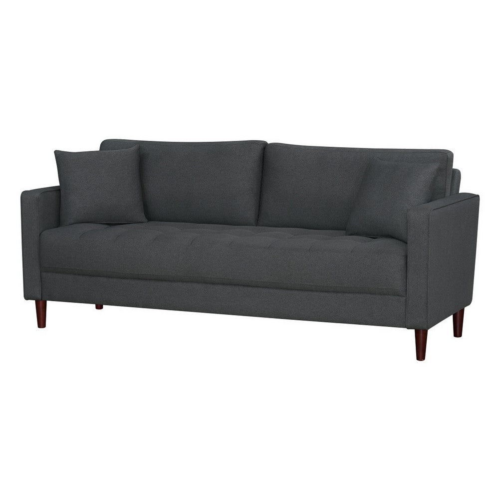 Yera Sofa w 2 Pillows, Tufted Gray Seat, Cherry Brown Wood, 77 Inch - BM355954