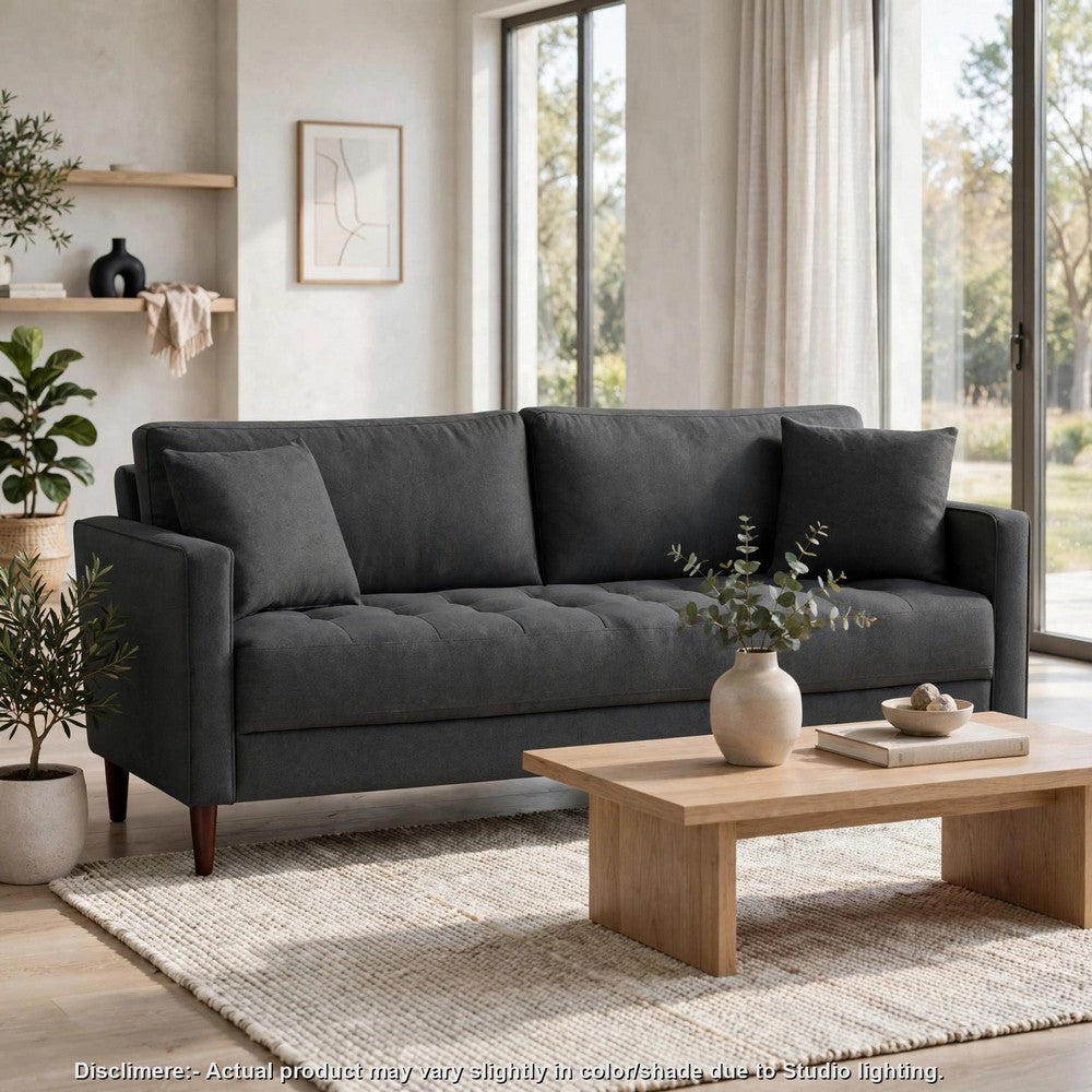 Yera Sofa w 2 Pillows, Tufted Gray Seat, Cherry Brown Wood, 77 Inch - BM355954