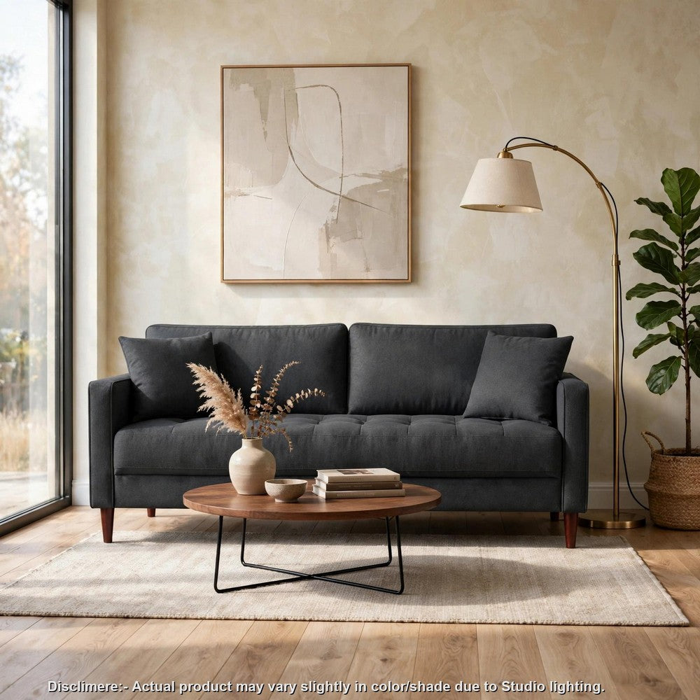 Yera Sofa w 2 Pillows, Tufted Gray Seat, Cherry Brown Wood, 77 Inch - BM355954