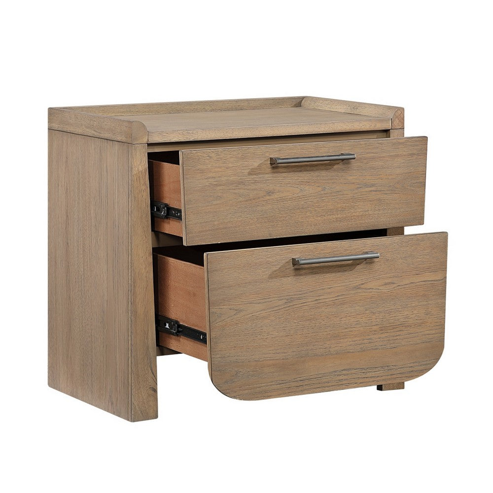 Rex Nightstand, 2 Drawers, Tray Top, Curved Bottom, Brown Hickory Veneer - BM355970