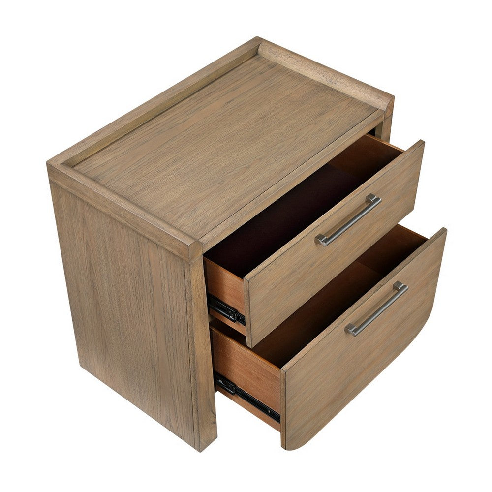 Rex Nightstand, 2 Drawers, Tray Top, Curved Bottom, Brown Hickory Veneer - BM355970
