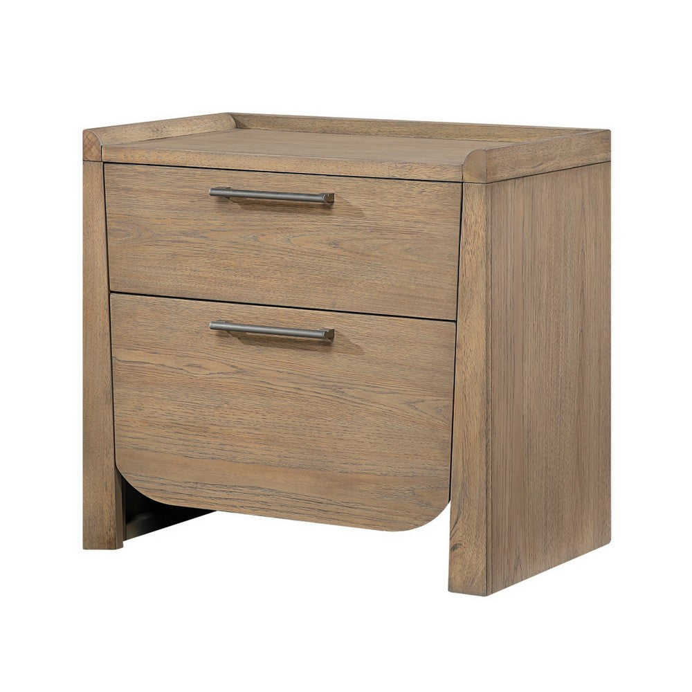Rex Nightstand, 2 Drawers, Tray Top, Curved Bottom, Brown Hickory Veneer - BM355970