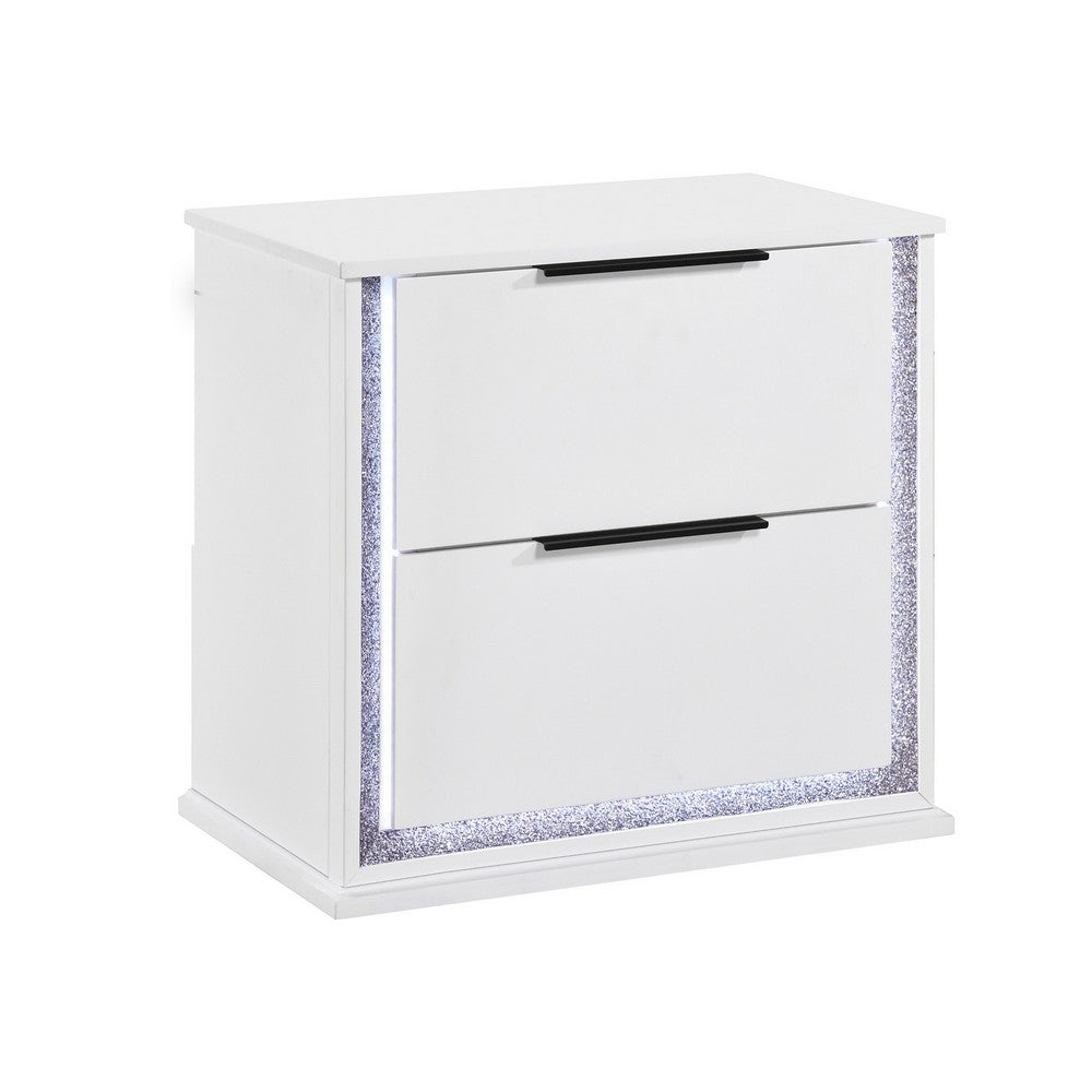 Luma Nightstand w LED, 2 Drawers, Metallic Silver-Gray Trim, White Wood - BM355972