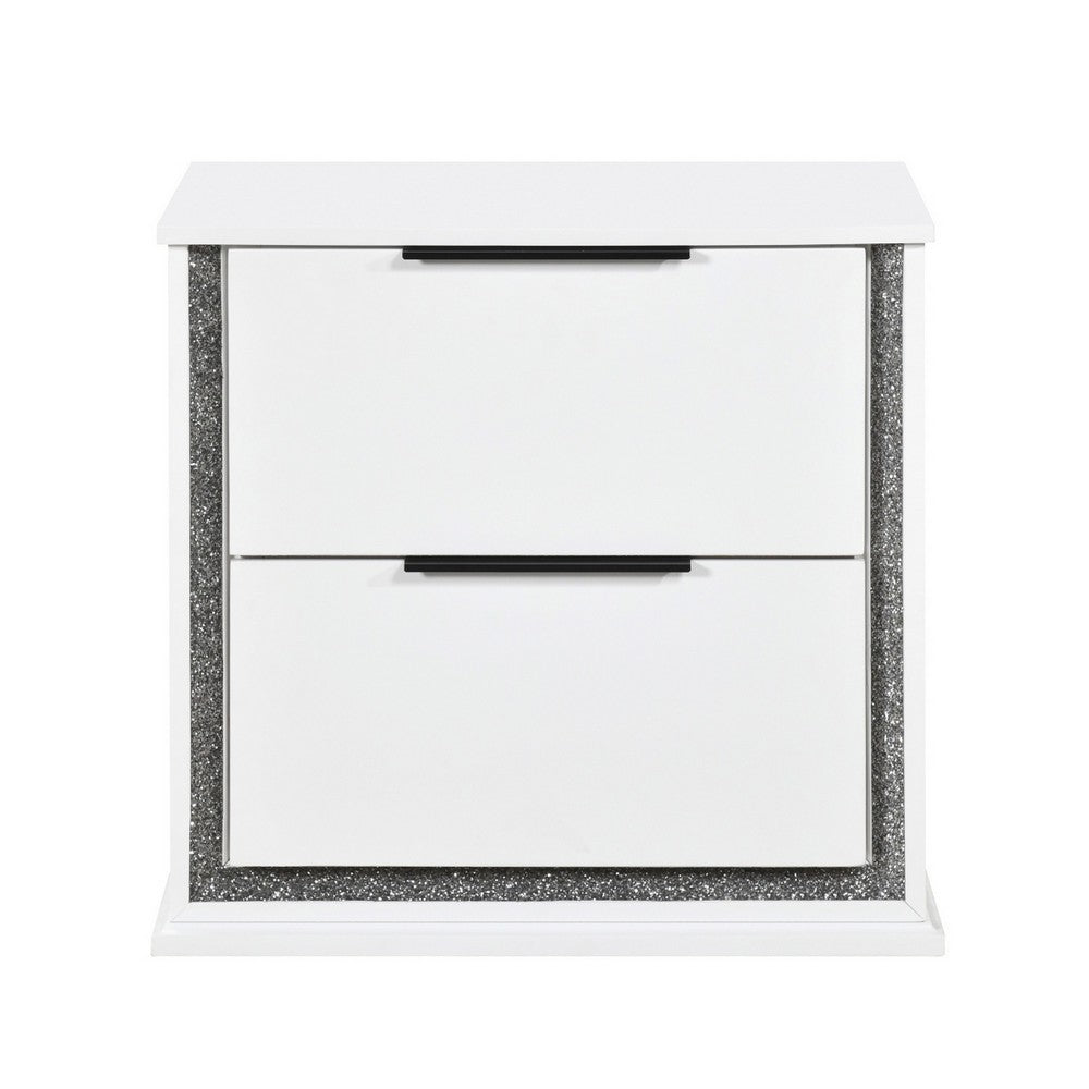 Luma Nightstand w LED, 2 Drawers, Metallic Silver-Gray Trim, White Wood - BM355972