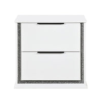 Luma Nightstand w LED, 2 Drawers, Metallic Silver-Gray Trim, White Wood - BM355972
