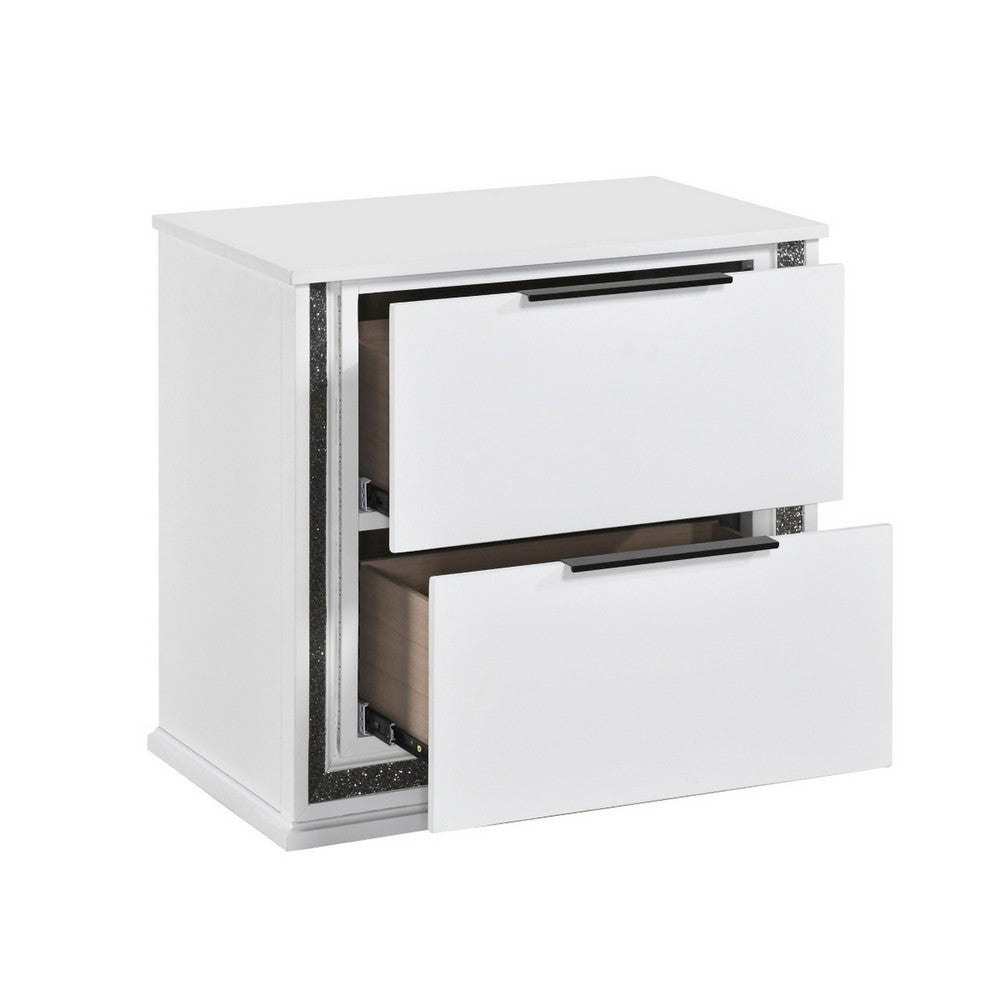 Luma Nightstand w LED, 2 Drawers, Metallic Silver-Gray Trim, White Wood - BM355972