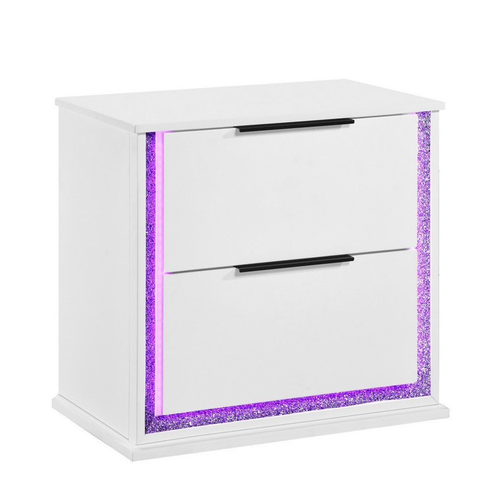 Luma Nightstand w LED, 2 Drawers, Metallic Silver-Gray Trim, White Wood - BM355972