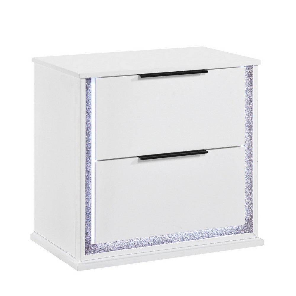 Luma Nightstand w LED, 2 Drawers, Metallic Silver-Gray Trim, White Wood - BM355972