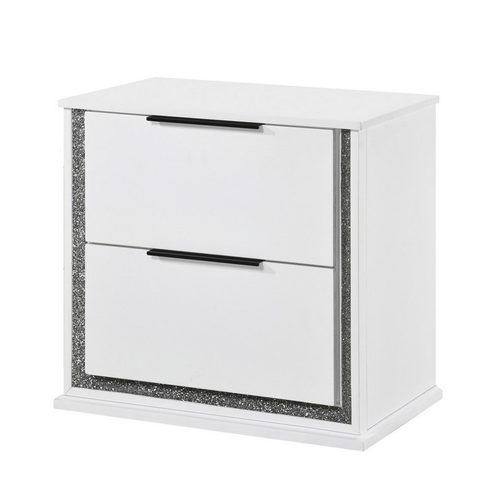 Luma Nightstand w LED, 2 Drawers, Metallic Silver-Gray Trim, White Wood - BM355972