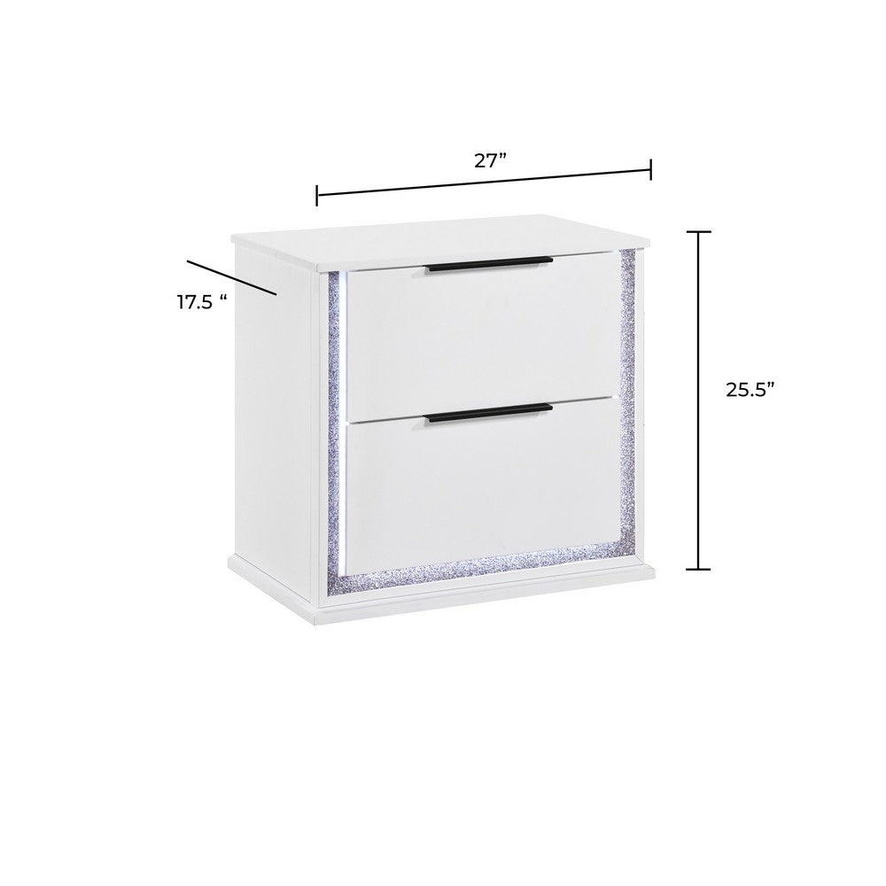 Luma Nightstand w LED, 2 Drawers, Metallic Silver-Gray Trim, White Wood - BM355972