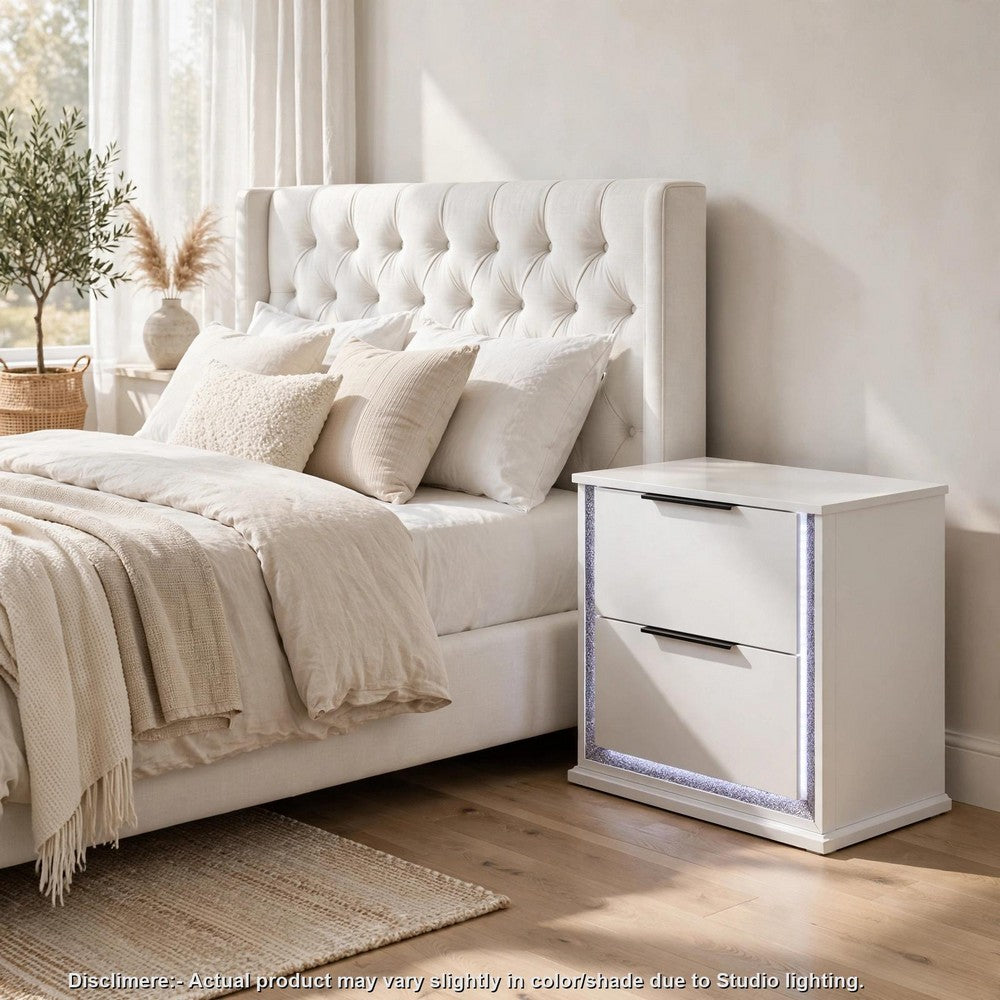 Luma Nightstand w LED, 2 Drawers, Metallic Silver-Gray Trim, White Wood - BM355972