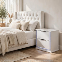 Luma Nightstand w LED, 2 Drawers, Metallic Silver-Gray Trim, White Wood - BM355972