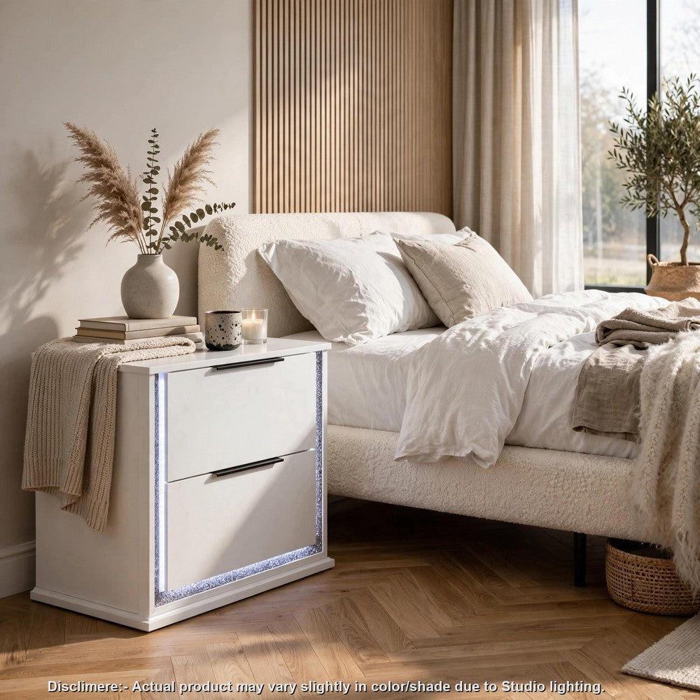 Luma Nightstand w LED, 2 Drawers, Metallic Silver-Gray Trim, White Wood - BM355972