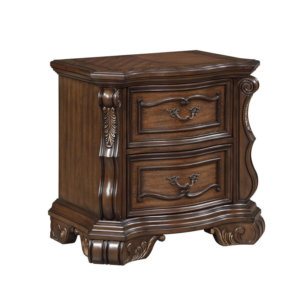 Gony Nightstand, 2 Drawers, Traditional Carving, Gold Accents, Dark Brown - BM355975